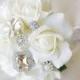 Silk Brooch Wedding Bouquet - Natural Touch Roses and Brooch Jewel Small Bride Bouquet - Rhinestones