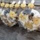 Beautiful gray and butter yellow burlap bouquets with pearls and baby's breath accents (listing is for one bridal bouquet)