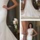 Cap Sleeves A-line Illusion Bateau Neckline Wedding Dresses with Deep V-back