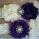 Wedding Garter, Bridal Garter Set - Ivory/Purple Flowers with pearl & Rhinestone on a Ivory Lace - Style G2506