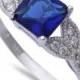 Vintage Wedding Engagement Ring Solitaire Accent 1.24CT Princess Cut Square Deep Blue Sapphire Round Clear CZ Solid 925 Sterling Silver