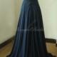 Backless Navy blue A line chiffon lace wedding dress with illusion neckline