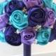 Fabric Bouquet, Satin Rose Bouquet, Peacock Bouquet,  Purple & Teal Satin Rose accented with rhinestone (Medium,  7 inch)