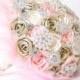 Luxurious wedding brooch bouquet pink vanilla and capuccino flowers satin ribbon pearls rhinestone tulle lace roses handmade bow