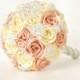 Satin ribbon roses wedding bridal bridesmaid bouquet creamy beige,peach with pearls, lace, rhinestone, pearl brooches, kanzashi bouquet