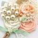 Groom Boutonniere, Peach, Ivory, Mint Green, Brooch, Corsage, Mother of the Bride, Button Hole, Pearls, Crystals, Burlap, Elegant Wedding