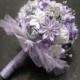 wedding bouquet, satin, ribbons, marabu feathers, kanzashi, lace, tulle, pearls, white, violet, lilla, grey, rhinestone brooches.