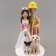 Firefighter & Nurse with 2 Dogs Customized Wedding Cake Topper