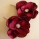 Bridal hair pins, satin flowers with rhinestone choose colors - Cranberry, white, ivory - Style A01