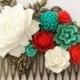 White Wedding Hair Comb Red Bridal Headpiece Turquoise Teal Aqua Collage Flower Floral Leaf Branch Vintage Style Romantic Bohemian