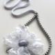 Gray Pearl Bead Strand Bridal Headband, Fluffy Lace Tulle Flower, Silver, Handmade