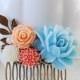 Peach Coral and Blue Bridal Hair Comb. Light Blue Peony  Peach Rose Ivory Coral Flower Hair Comb, Wedding Hair Accessory, Bridal Party Gift