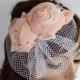Wedding Headpiece, Bridal Fascinator, Pink Fabric Hair Rose Flawers with Birdcage Tulle Veil. Romantic. Handmade