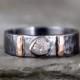 Men's Raw Diamond Ring - Black Sterling Silver - 14K Rose Gold Accent Bars - Rustic Texture - Wedding Band - Commitment Rings