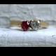 Vintage 14K Yellow Gold Double Heart Diamond and Ruby Engagement Ring - 0.73ct.
