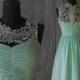 2015 Mint Chiffon Bridesmaid dress, Illusion Lace neck Short Wedding dress, A line Party dress, Formal dress, Prom dress knee length (F007A)