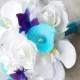 Silk Wedding Bouquet with Off White Roses, Blue Purple Orchids and Aruba Turquoise Callas - Natural Touch Silk Flower Small Bouquet
