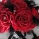 FREE SHIPPING 15 piece Red Silk  Roses Black And White Damask Bridal Bridesmaids and Boutonniere Destination Wedding Bouquet Set