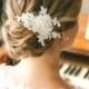 Pearl wedding hair pin, ivory lace wedding hair pin, lace hair pin for wedding - style #129