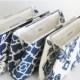 Bridesmaids Clutches Wedding Bridal - Blue and White - Set of 3 - FREE Custom Silk Labels