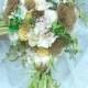 Wedding Bouquet, Cascade Spray Burlap, Ranunculus, Pearls, Cotton, Felt Balls, Spring, Rustic, Bridal, Shabby Chic, Green, Ivory, Cascading