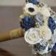 Navy Blue and Silver Wedding Collection Medium Bridal/Bridesmaid Bouquet Sola Flowers Dusty Miller Silver Brunia Anemone
