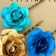 Garden Roses Blue and Gold hair clip (Set of 3 rose) Paper Flower Hair Pins vintage chic fashion, wedding, flower girls, or bridesmaid
