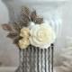 Ivory Rose and Brass Leaf Rustic Comb. Veil Comb. Bridesmaid Gifts. Shabby Cottage Country. Rustic Barn Wedding, Vintage Inspired Wedding