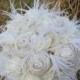 All White / Cream Burlap, Lace, Feathers, and Pearls Rustic Chic Bridal Wedding Bouquet