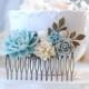 Baby Blue Beige Ivory Gray Flower Collage Hair Comb, Leaf Rose Floral Rhinestone Large Comb, Something Blue Wedding Bridal Hair Accessory