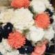 Weddings, Coral Navy Bouquet, Burlap Lace, Sola Bouquet, Alternative Bouquet,Rustic Shabby Chic,Bridal Accessories, Keepsake Bouquet, Sola