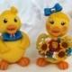 Duck wedding cake topper, rubber ducky bride and groom with banner