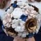 Blue, gold, lace, and Jane Austen book paper flower bridal bouquet