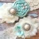 Pinterest favorite / wedding garter / bridal  garter/  lace garter / toss garter /AQUA / Something BLue wedding garter / vintage inspired la