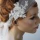 Wedding Hair Band with Rose Embroidered Organza Tail，White Lace Bridal Headband.Wedding Veil