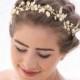 Wedding Hair Vine in Gold and Ivory, Beaded Wedding Tiara with Meal Enameled leaves, Wedding Hair Jewelery