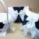 3 Piece White or Ivory  Wedding Ring Bearer Pillow,  Flower Girl Basket, Guest Book Marine Navy Blue Accent