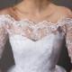 Off-Shoulder Wedding Lace Bolero Jacket 1/2 sleeves embroidery lace ivory and white lace bolero E1403B back fastening - tied
