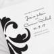 Damask Accent Tri Fold Wedding Programs Deposit in Black and White on Pearl Shimmer Luxury Cardstock