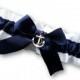 Wedding Garter SINGLE or SET , beautiful  navy and white Nautical themed garter, gold or silver anchor