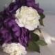 Purple Ivory Peonies Roses Wedding Bridal Bouquet Silk Flowers Crystals Wedding Accessory
