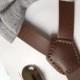 SUSPENDER & BOWTIE SET.  Newborn - Adult sizes. Dark brown pu leather suspenders. Light grey Chambray Bow tie