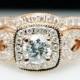 Beautiful .93cttw Round Diamond Halo Rose Gold Engagement Ring & Matching Band - Size 6 -(Complete Bridal Wedding Set)