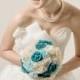 Shabby Chic Fabric Flower Bouquet- Ivory, Teal and light  Blue Bouquet