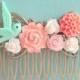 Wedding Hair Comb in Coral Mint Green FREE SHIPPING Bridesmaid Gift Peach Pink Mint Bridal Headpiece Hair Pin of Flowers and Bird