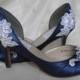 Navy Wedding Shoes Lace Shoes Lace and Pearls Navy Blue Bridal Shoes - Over 100 Colors And Heel Heights To Pick From