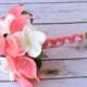 Silk Flower Wedding Bouquet - Coral Peach Calla Lilies Off White Plumeria Natural Touch Silk Bridal Bouquet
