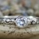 Size 9.25 - Ready To Ship - White Sapphire Engagement Band with Floral Band in Sterling - Silver Bezel-Set Faceted Sapphire - Gift For Her