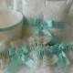 Wedding Ring Pillow With Garter Set  And Flower Girl basket Aqua Blue  And Ivory Chantilly Lace
