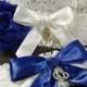 Police Wedding Garter Set Dark Blue and White Stretch Lace with Handcuffs and Badge